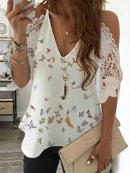 Half Sleeve V Neck Butterfly Tops, White, Blouses & Shirts
