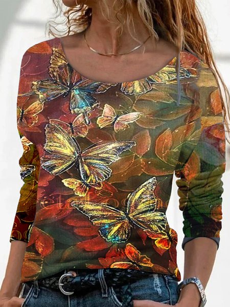 Maniche Lunghe Girocollo Farfalla Top, Multicolore, Blouses & Shirts