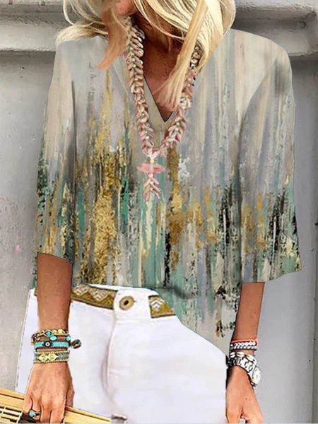 V Neck Half Sleeve Holiday Tops, Apricot, Blouses & Shirts