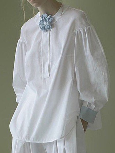 Long Sleeve Crew Neck Casual Top, White, Blouses and Shirts
