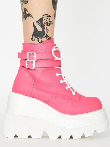Pink Zipper Lace-up Buckle Wedge Platform Ankle Boots, Boots