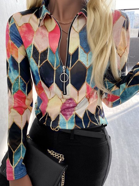 Geometric Zipper Long Sleeve Top, As picture, Blouses and Shirts