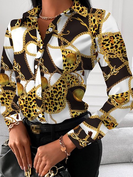 Shirt Collar Long Sleeve Printed Shirts & Tops, Multicolor, Blouses & Shirts