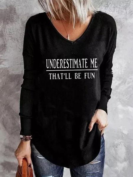 Letter Casual Long Sleeve T-shirt, Black, Long sleeve tops