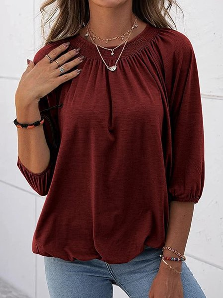 Cotton-Blend Shift 3/4 Sleeve Shirts & Tops, Wine red, Long sleeves
