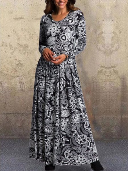 Casual and simple floral print round neck long sleeve polyester maxi dress, Black-white, Maxi Dresses
Casual and simple floral print round neck long sleeve polyester maxi dress, Black-white, Maxi Dresses