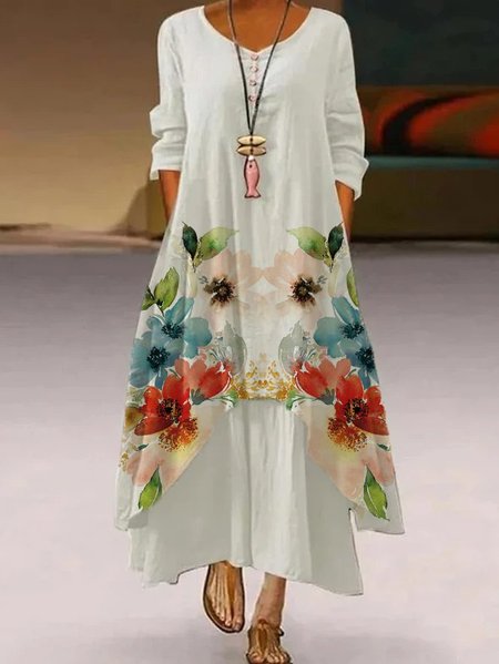 Shift Long Sleeve Crew Neck Floral Dresses, White, Floral Dresses
