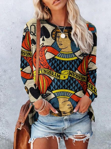 Multicolor Pocker Card Printed Round Neck Long Sleeve Club Party Casual Shift Shirts & Tops, Blouses & Shirts