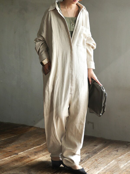 Casuale Dritto Scollo a V Tinta Unita Tuta, Beige, Jumpsuits