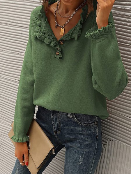 Long Sleeve Ruffled Plain Sweater, Green, Sweaters
