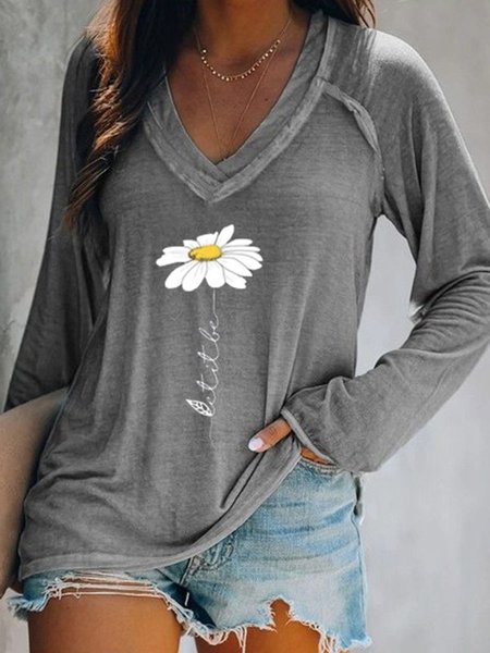 Scollo a V Stampato Maniche Lunghe Casuale Top, Grigio, T-Shirts