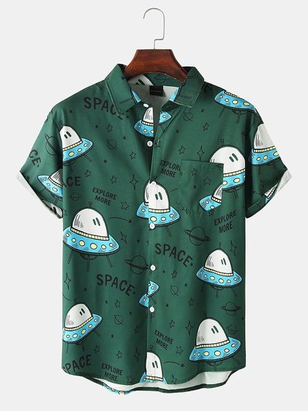 Casual Space UFO Print Shirt Collar Shirts, Green, Short Sleeves Shirts