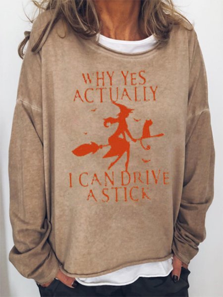 Women's Yes I Can Drive A Stick Halloween Witches Funny Sweatshirt, Khaki, Hoodies&Sweatshirts