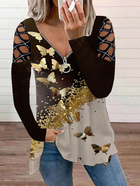 Cotton-Blend Long Sleeve Shirts & Tops, Golden, Tees & T-shirts