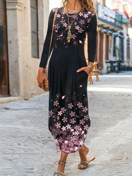 Crew Neck Long Sleeve Casual Dresses, Black, Floral Dresses