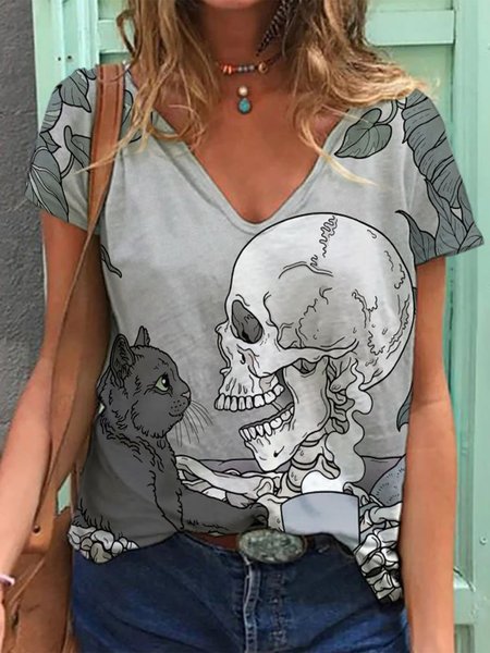 Halloween Best Friends Forever V Neck Casual T-shirt, Gray, T-shirts