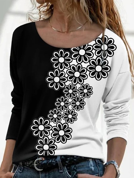 Casual Round Neck Printed Long Sleeve Tops, As picture, Blouses & Shirts