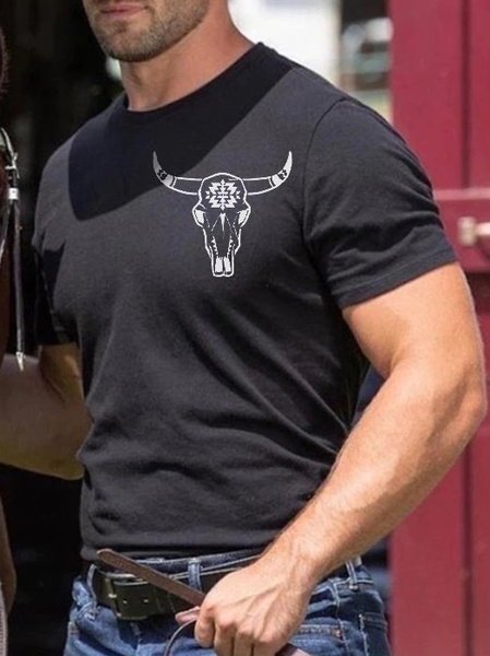 Men's Western Bull Skull Graphic Short Sleeve Tee, Black, T-shirts