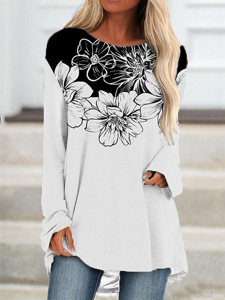 Crew Neck Casual Long Sleeve Floral-Print Shirts & Tops, Black-white, Long sleeve tops
Crew Neck Casual Long Sleeve Floral-Print Shirts & Tops, Black-white, Long sleeve tops