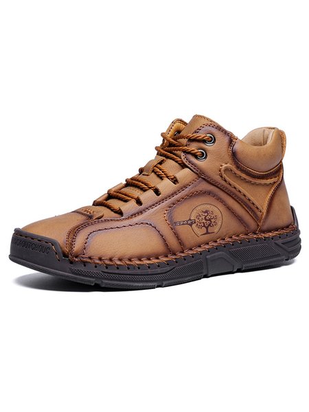 Stitched Stitching Retro Casual Lace-up Ankle Combat Boots, Light brown, Men's Boots