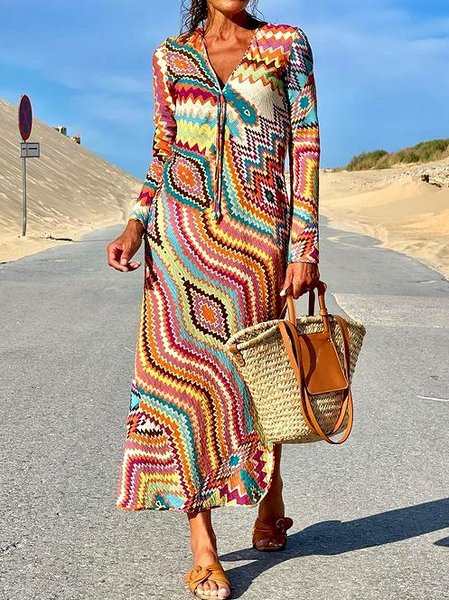 Long Sleeve V Neck Dresses, As picture, Maxi Dresses