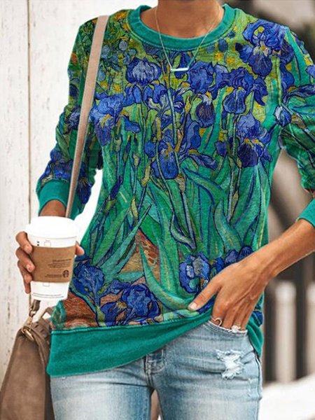 Casual Floral Long Sleeve Shift Sweatshirt, Green, Hoodies & Sweatshirts