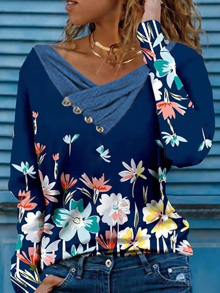 Blue Floral Printed V Neck Casual Long Sleeve Shift Shirts & Tops, Blouses & Shirts