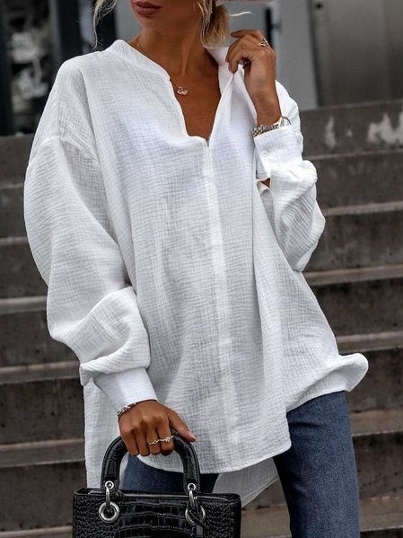 Casual Long Sleeve V Neck Cotton-Blend Shirts & Tops, White, Shirts & Blouses