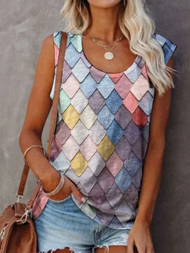 Round neck diamond print sleeveless T-shirt, Multicolor, Tanks & Camis