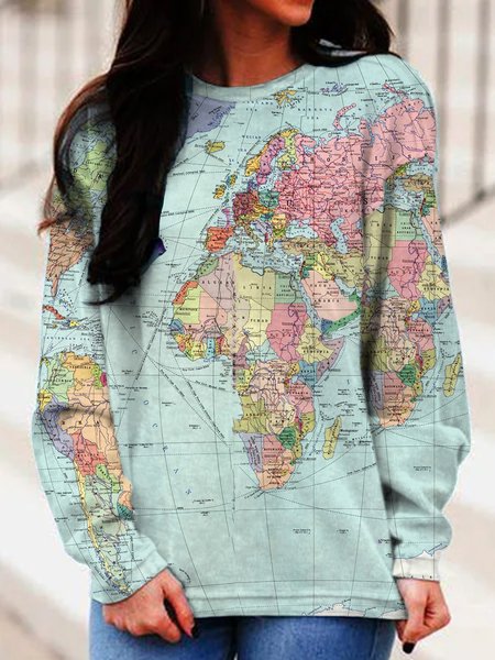 Casual Map Floral-Print Sweatshirt, Lightblue, Sweatshirts & Hoodies
