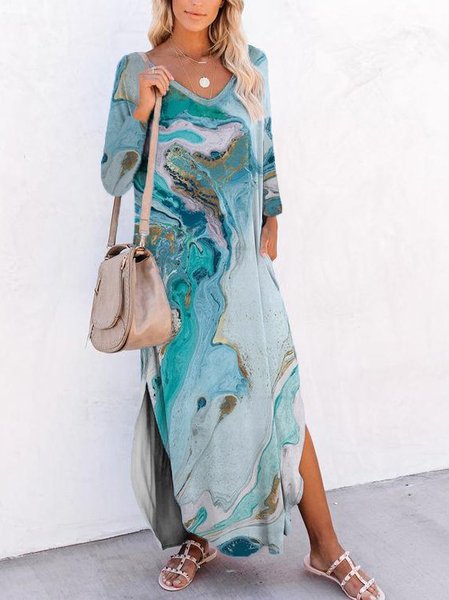 Dritto Maniche Lunghe Scollo a V Cotone Abito, Multicolore, Maxi Dresses