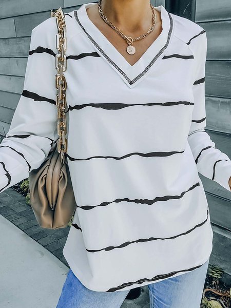 Ombre/Tie-Dye Casual V Neck Shirts & Tops, White, Long sleeve tops