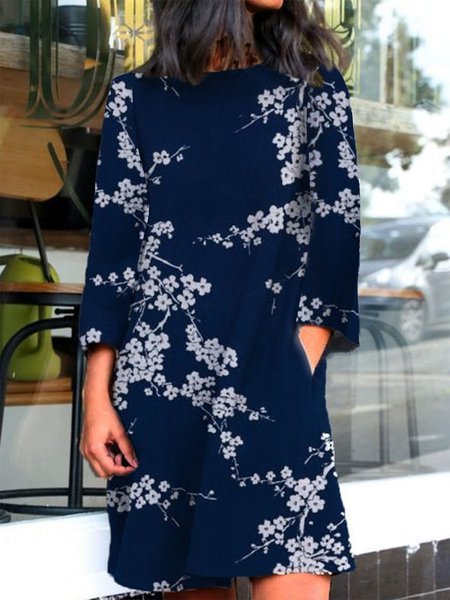 Boho 3/4 Sleeve A-Line Dress, Navyblue, Auto-clearance