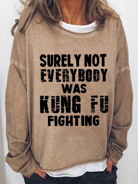 Kung Fu Fighting Slogan Graphic Sweatshirt, Light brown, Hoodies&Sweatshirts