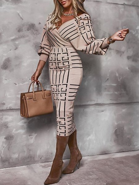 V Neck Long Elegant Sleeve Dress, As picture, Midi Dresses