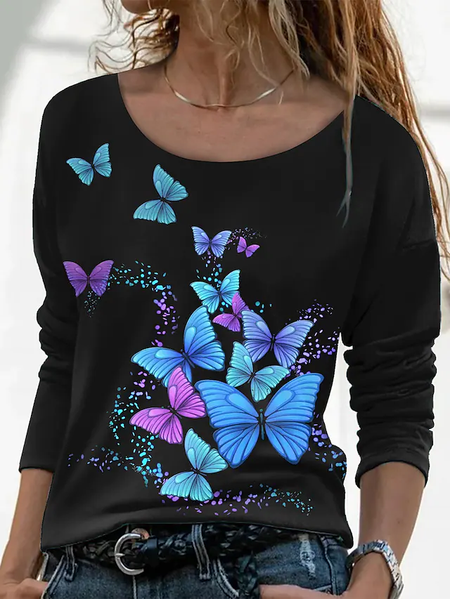 

Butterfly Cotton-Blend Long Sleeve Scoop Neckline Shirts & Tops, Black, Long sleeve tops