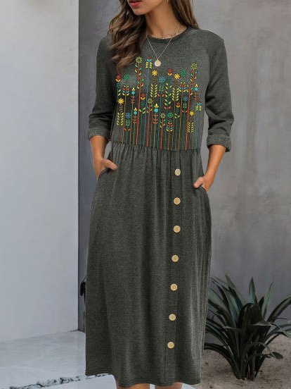 Long Sleeve Shift Floral Casual Dresses, Gray, Casual Dresses