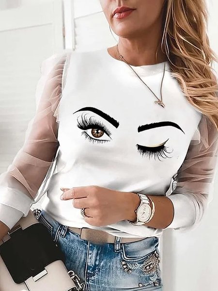 White Mesh Paneled Printed Round Neck Long Sleeve Shift Casual Shirts & Tops, Blouses & Shirts