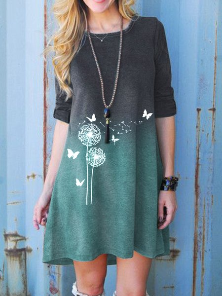 Casual Long Sleeve Round Neck Floral Dresses, Green, Mini Dresses