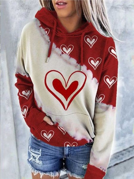 Heart-shaped Pattern Printed Women's Hooded Sweatshirt, Red, Hoodies&Sweatshirts