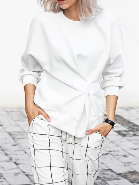 

Fall Long Sleeve Simple Crew Neck Casual Asymmetric Daily Sweatshirt, White, Blouses and Shirts