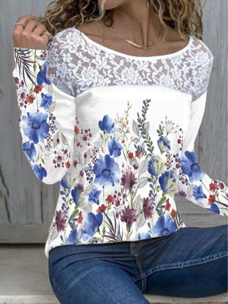 Pastoral Floral Long Sleeve Floral-Print Shirts & Tops, White, T-Shirts