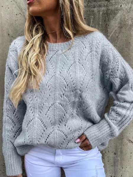 Casual Plain Crew Neck Long Sleeve Sweater, Gray, Pullovers
