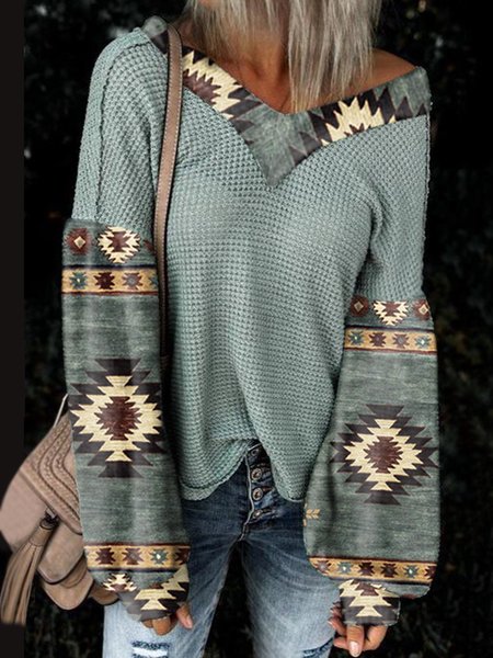 Long Sleeve V Neck Shirts & Tops, Lightgreen, Tops