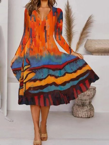 Arancia Arte Stampato Scollo a V A-line Maniche Lunghe Casuale Vacanza Abito, Midi Dresses
