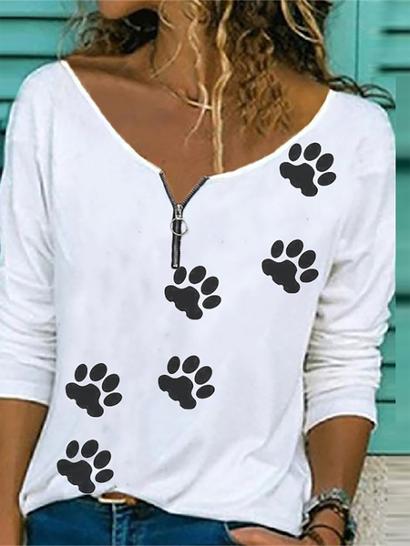 Plus size V Neck Printed Long Sleeve T-shirt, White, T-Shirts