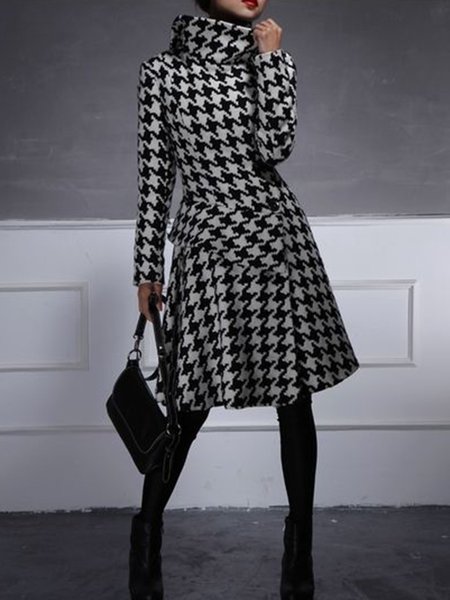 Turtleneck Houndstooth Long Sleeve Work Midi Dress, As picture, Midi Dresses