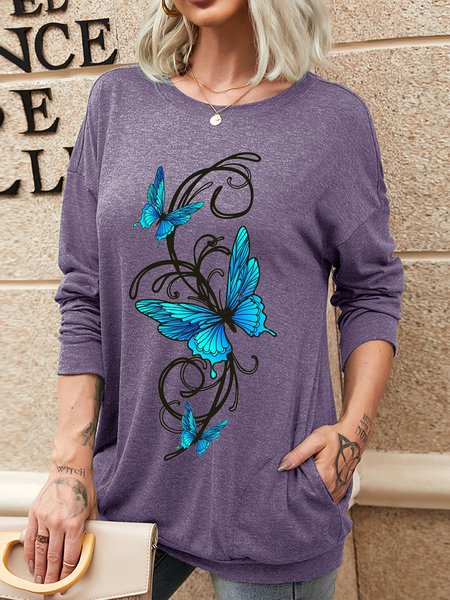 Butterflies Lovly Round Neck Casual Shift Sweatshirt, Purple, Hoodies&Sweatshirts