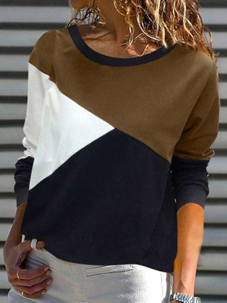 Multicolor Paneled Round Neck Casual Long Sleeve Shirts & Tops, Blouses & Shirts