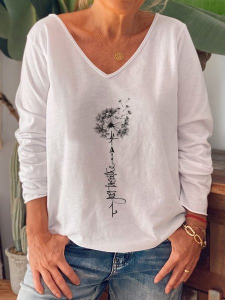 Vintage Dandelion Just Breathe Printed Long Sleeve V Neck Plus Size Casual Tops, White, T-Shirts
Vintage Dandelion Just Breathe Printed Long Sleeve V Neck Plus Size Casual Tops, White, T-Shirts